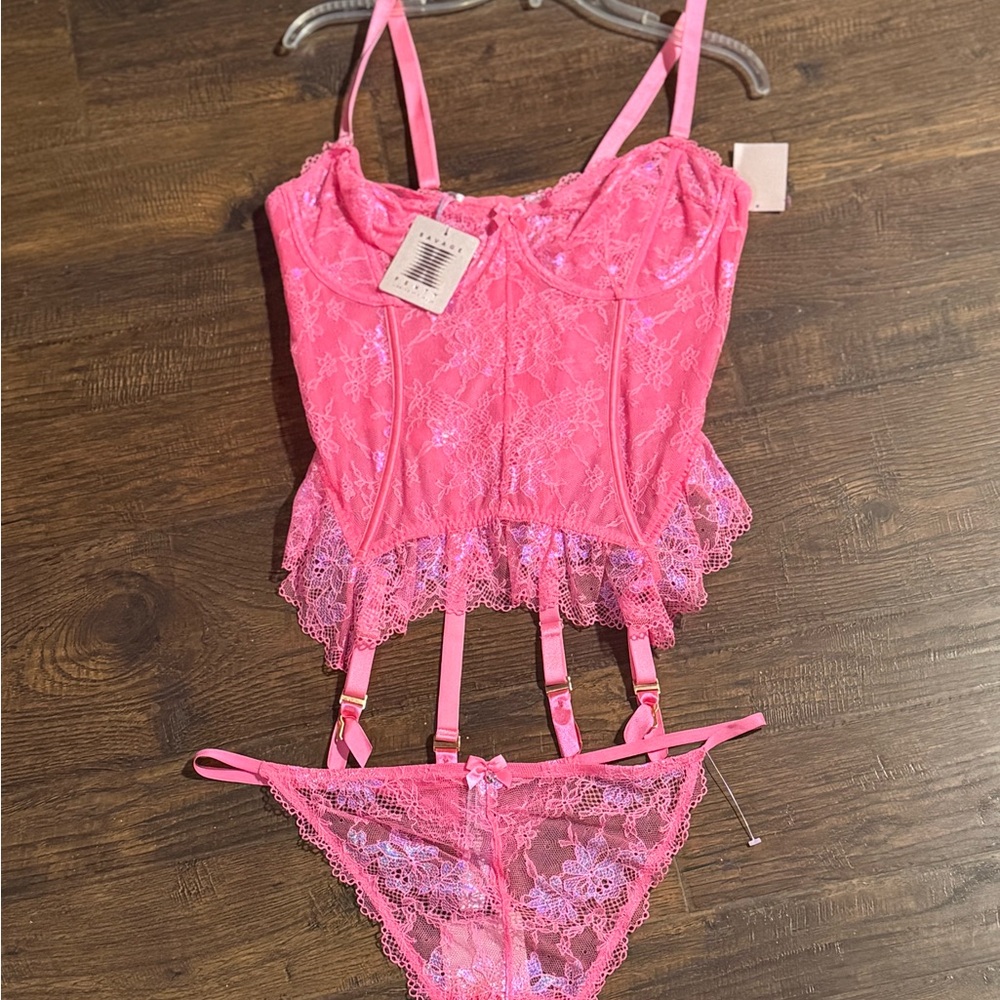 Savage X Fenty Vibrant Pink Lace Bustier Set
